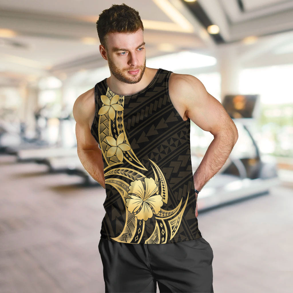 Gold Black Polynesia Hibiscus Plumeria Tattoo Men Tank Top
