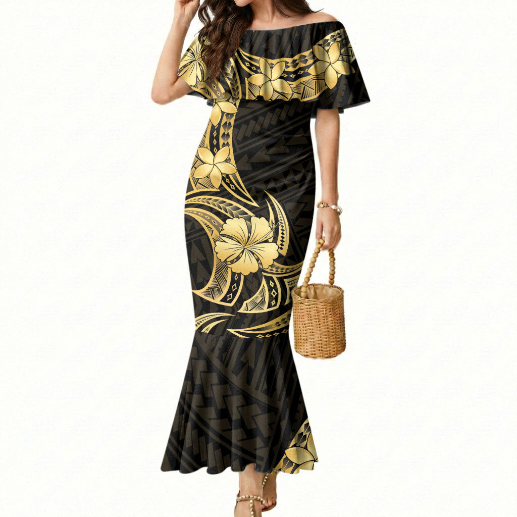 Gold Black Polynesia Hibiscus Plumeria Tattoo Mermaid Dress LT14 Women Black - Polynesian Pride