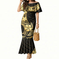 Gold Black Polynesia Hibiscus Plumeria Tattoo Mermaid Dress LT14 Women Black - Polynesian Pride