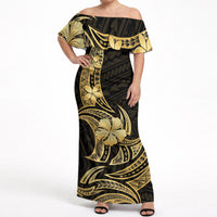 Gold Black Polynesia Hibiscus Plumeria Tattoo Off Shoulder Maxi Dress LT14 Women Black - Polynesian Pride