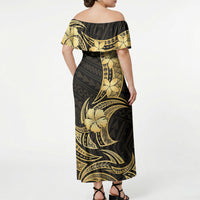 Gold Black Polynesia Hibiscus Plumeria Tattoo Off Shoulder Maxi Dress LT14 - Polynesian Pride