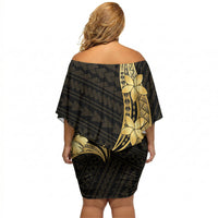 Gold Black Polynesia Hibiscus Plumeria Tattoo Off Shoulder Short Dress LT14 - Polynesian Pride