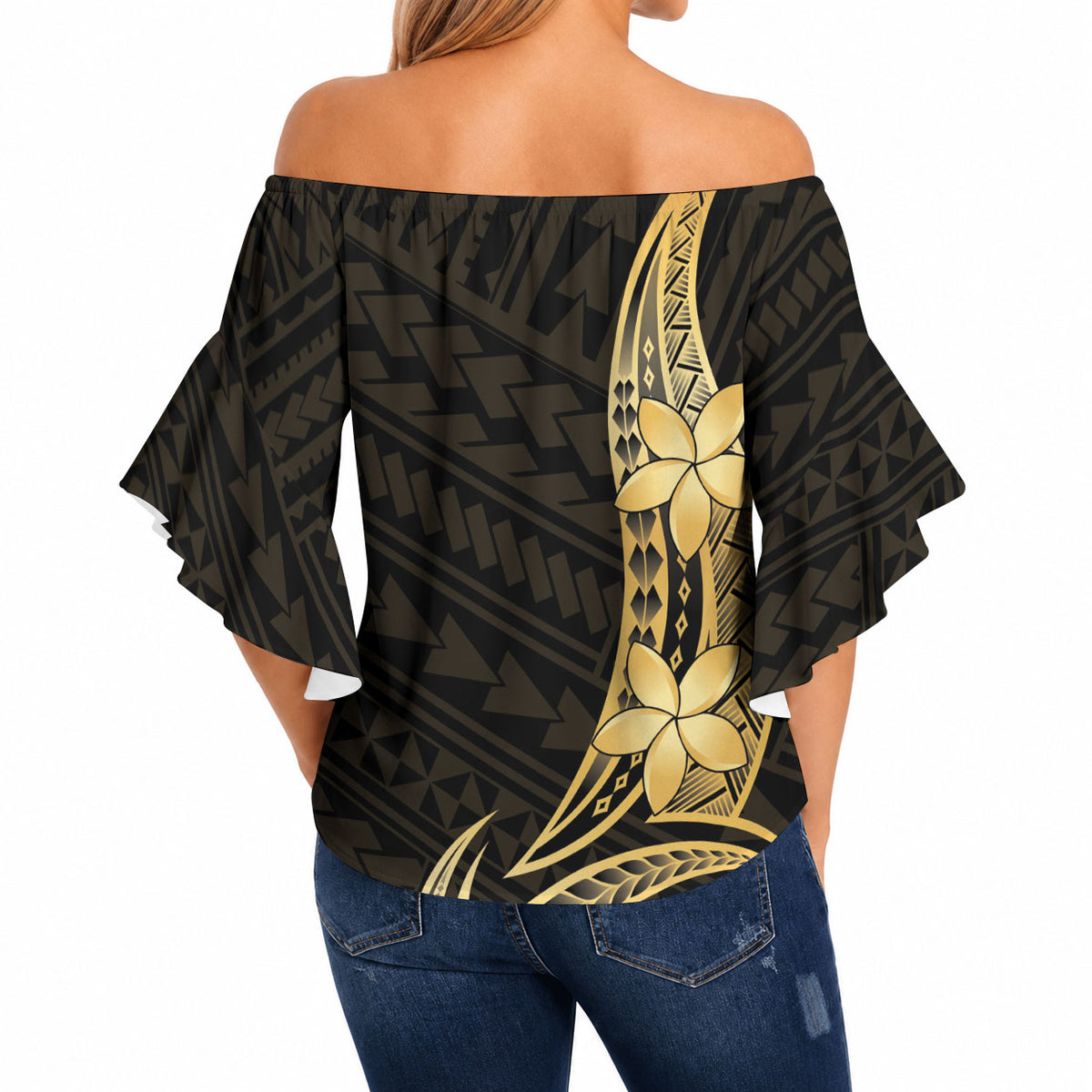 Gold Black Polynesia Hibiscus Plumeria Tattoo Off Shoulder Wrap Waist Top LT14 - Polynesian Pride