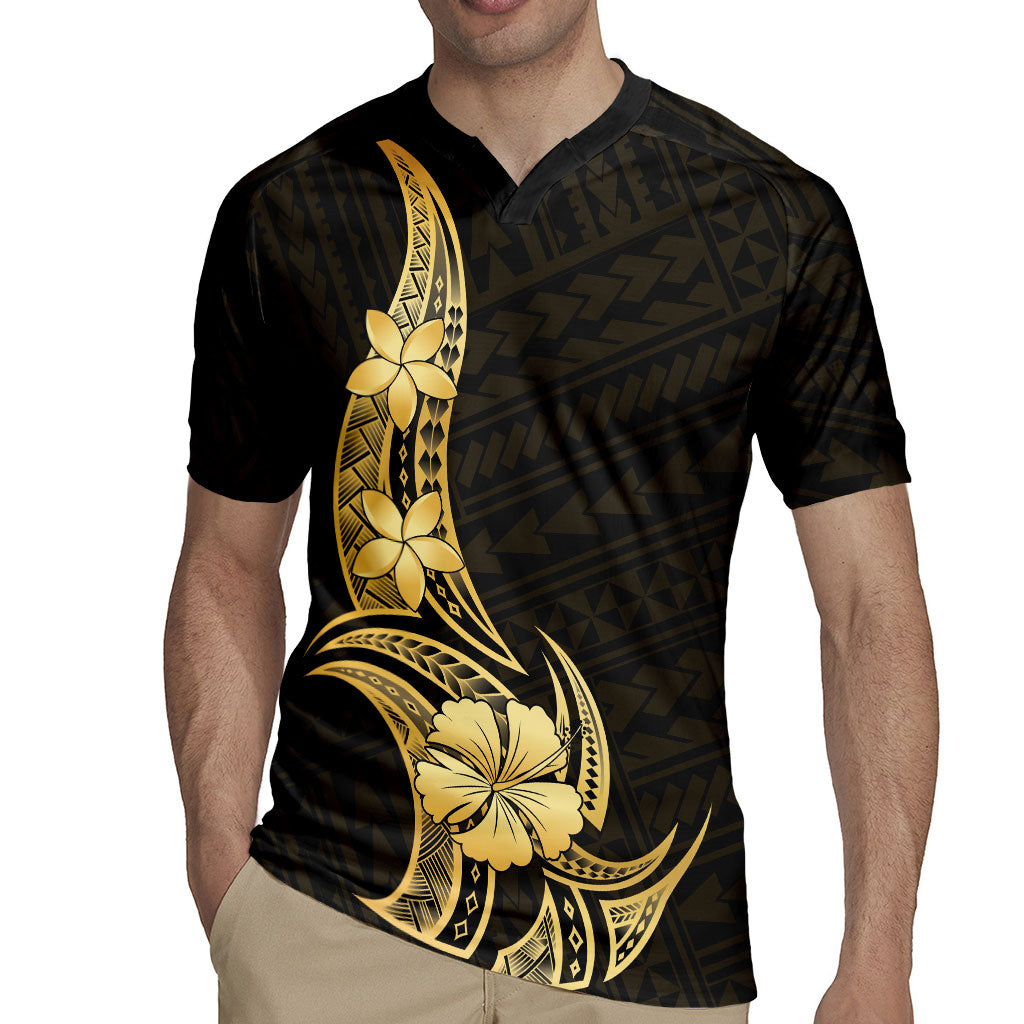 Gold Black Polynesia Hibiscus Plumeria Tattoo Rugby Jersey