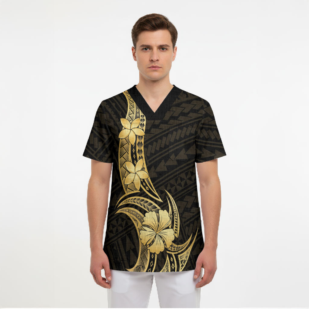 Gold Black Polynesia Hibiscus Plumeria Tattoo Scrub Top