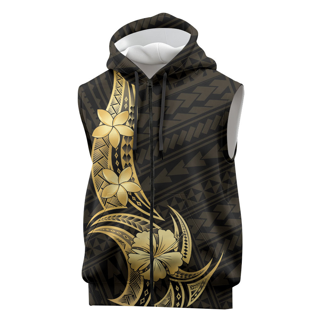 Gold Black Polynesia Hibiscus Plumeria Tattoo Sleeveless Zip Hoodie LT14 Black - Polynesian Pride