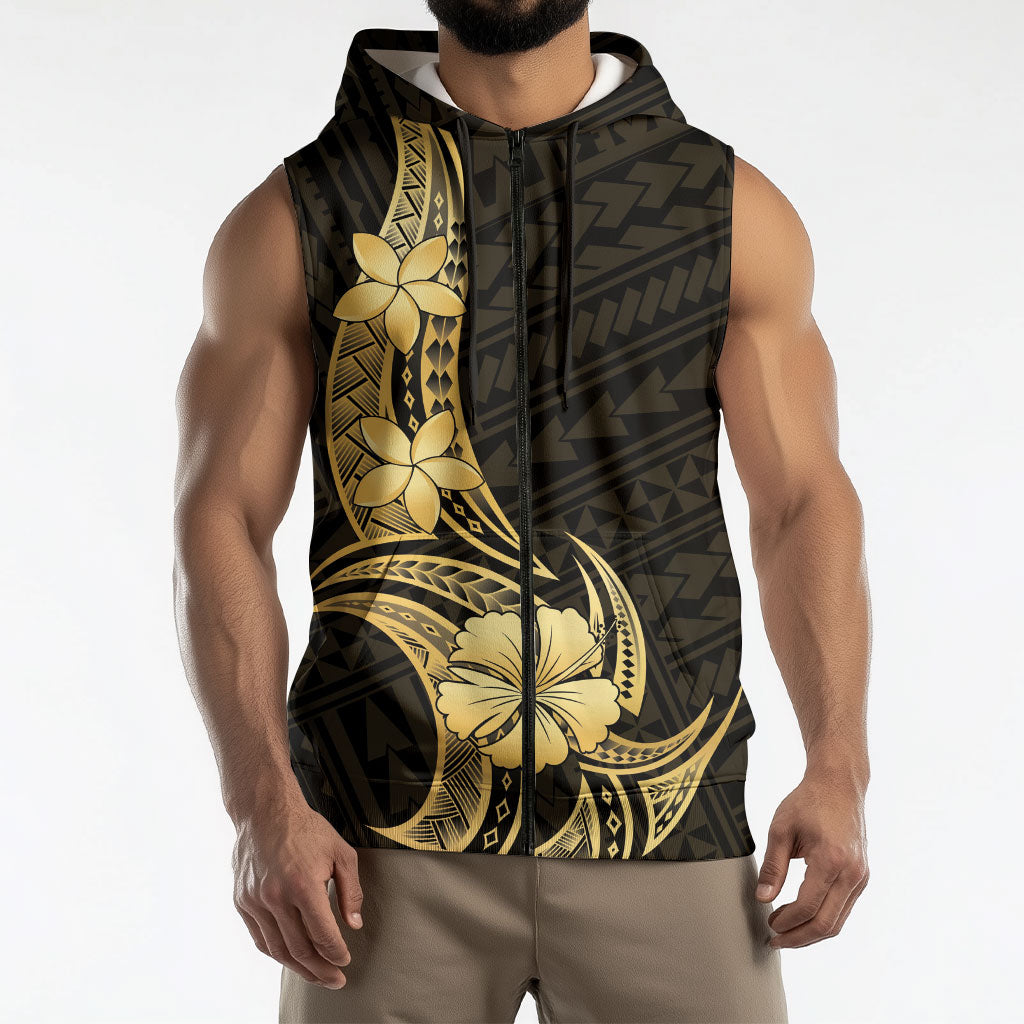 Gold Black Polynesia Hibiscus Plumeria Tattoo Sleeveless Zip Hoodie LT14 - Polynesian Pride