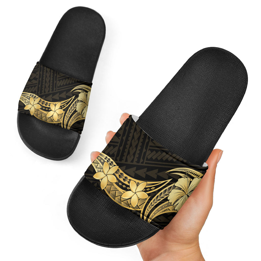 Gold Black Polynesia Hibiscus Plumeria Tattoo Slide Sandals