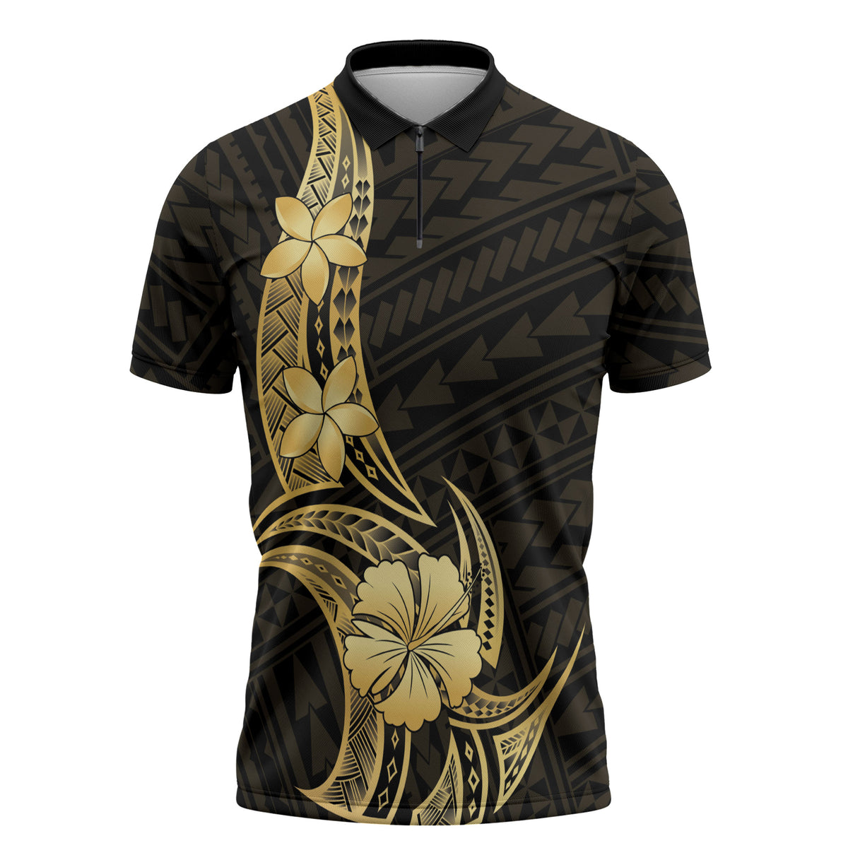 Gold Black Polynesia Hibiscus Plumeria Tattoo Zipper Polo Shirt LT14 Black - Polynesian Pride
