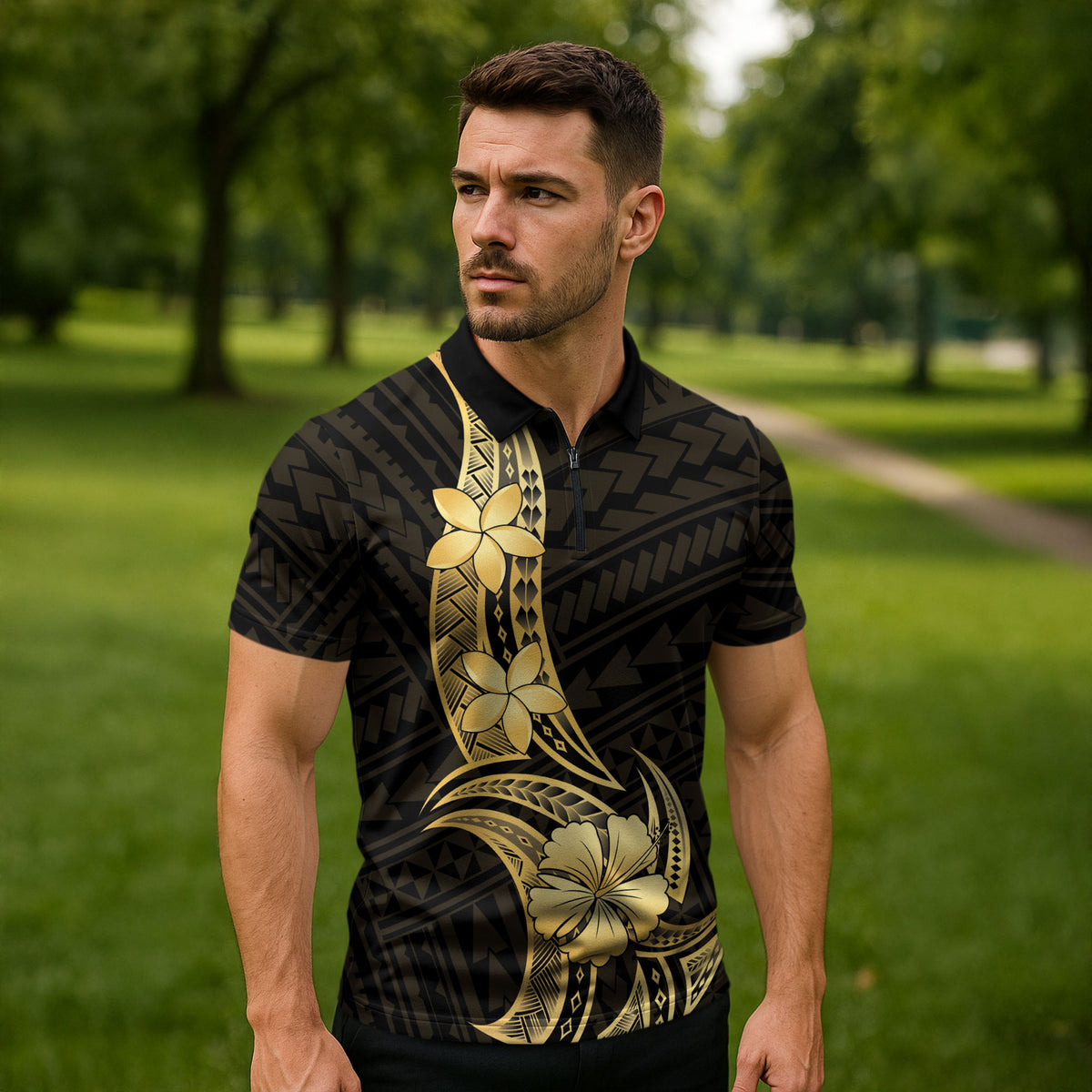 Gold Black Polynesia Hibiscus Plumeria Tattoo Zipper Polo Shirt LT14 - Polynesian Pride
