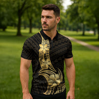 Gold Black Polynesia Hibiscus Plumeria Tattoo Zipper Polo Shirt LT14 - Polynesian Pride