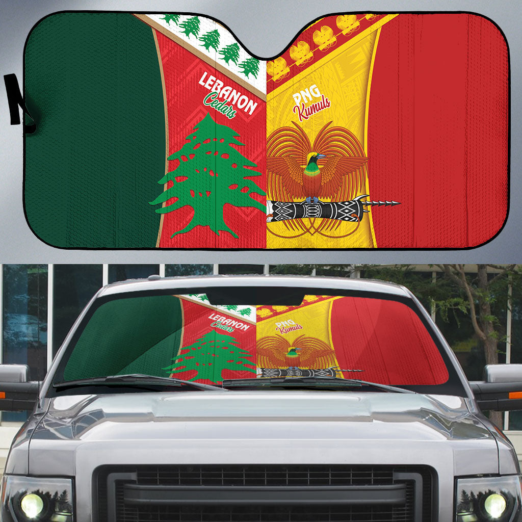 Rugby Papua New Guinea and Lebanon Auto Sun Shade PNG Kumuls Cedars Together LT14 Multicolor - Polynesian Pride