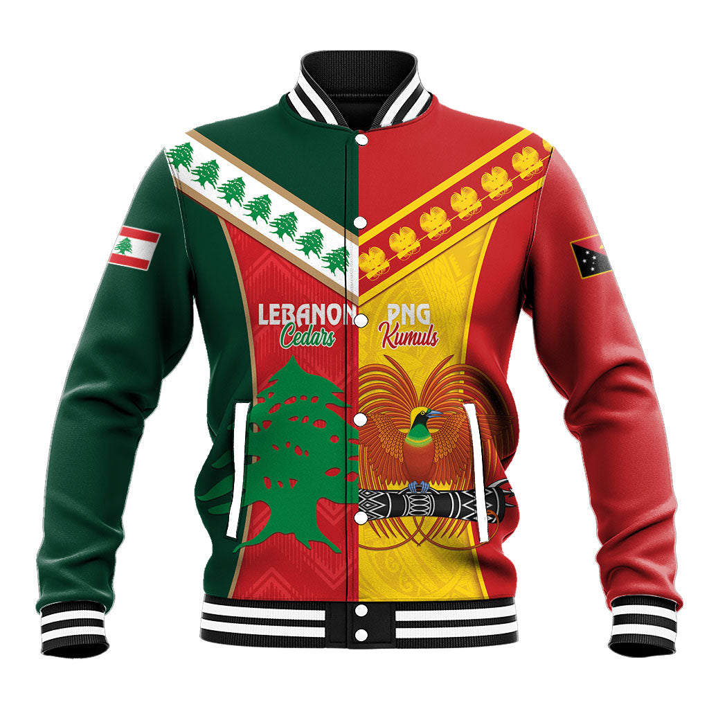 Custom Rugby Papua New Guinea and Lebanon Baseball Jacket PNG Kumuls Cedars Together LT14 Unisex Multicolor - Polynesian Pride