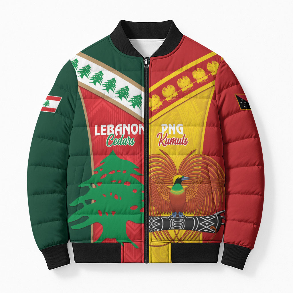 Custom Rugby Papua New Guinea and Lebanon Bomber Puffer Jacket PNG Kumuls Cedars Together LT14 Unisex Multicolor - Polynesian Pride