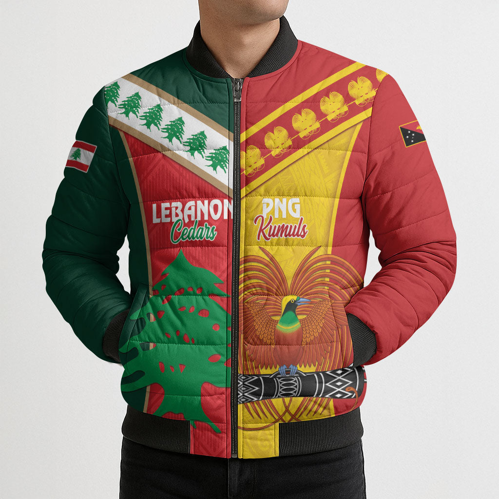 Custom Rugby Papua New Guinea and Lebanon Bomber Puffer Jacket PNG Kumuls Cedars Together LT14 - Polynesian Pride
