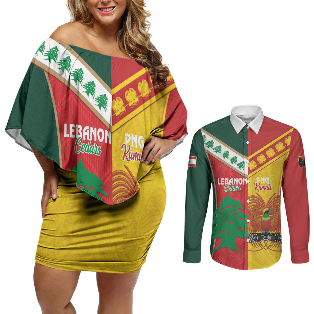 Custom Rugby Papua New Guinea and Lebanon Couples Matching Off Shoulder Short Dress and Long Sleeve Button Shirt PNG Kumuls Cedars Together LT14 Multicolor - Polynesian Pride