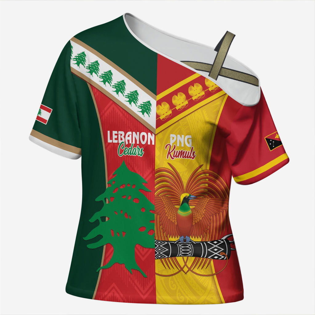 Custom Rugby Papua New Guinea and Lebanon Cross Shoulder Shirt PNG Kumuls Cedars Together LT14 Female Multicolor - Polynesian Pride