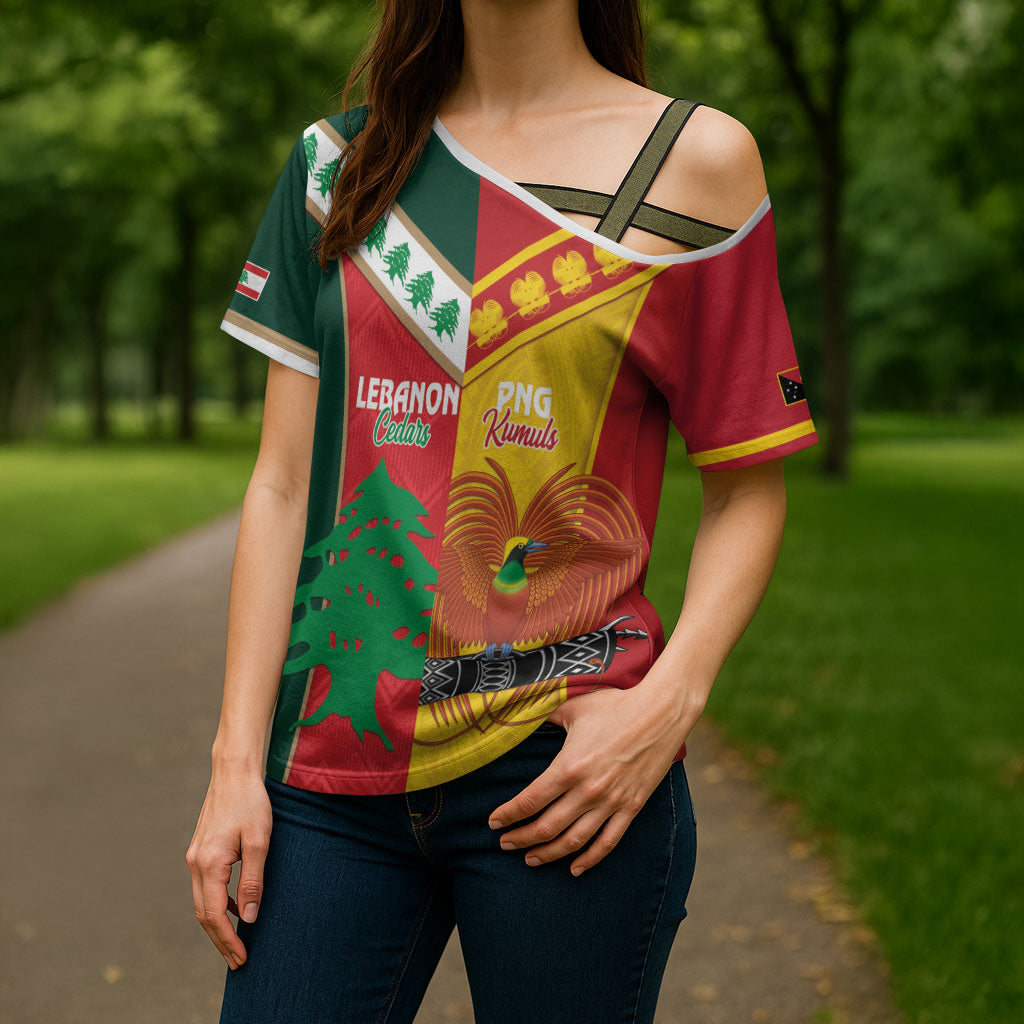 Custom Rugby Papua New Guinea and Lebanon Cross Shoulder Shirt PNG Kumuls Cedars Together LT14 - Polynesian Pride