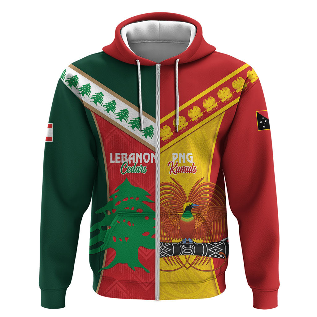 Custom Rugby Papua New Guinea and Lebanon Hoodie PNG Kumuls Cedars Together LT14 Zip Hoodie Multicolor - Polynesian Pride