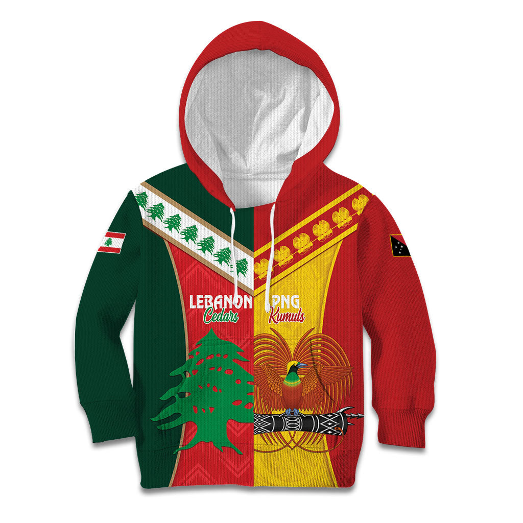 Custom Rugby Papua New Guinea and Lebanon Kid Hoodie PNG Kumuls Cedars Together LT14 Hoodie Multicolor - Polynesian Pride