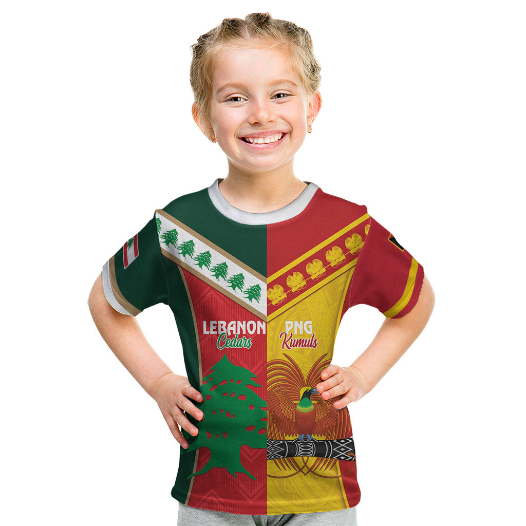 Custom Rugby Papua New Guinea and Lebanon Kid T Shirt PNG Kumuls Cedars Together LT14 Multicolor - Polynesian Pride