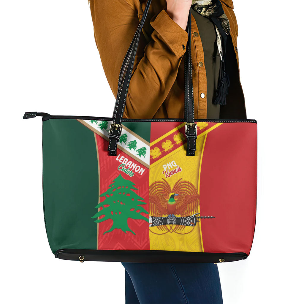 Rugby Papua New Guinea and Lebanon Leather Tote Bag PNG Kumuls Cedars Together LT14 - Polynesian Pride