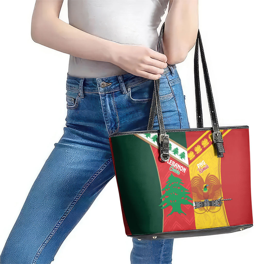 Rugby Papua New Guinea and Lebanon Leather Tote Bag PNG Kumuls Cedars Together LT14 - Polynesian Pride