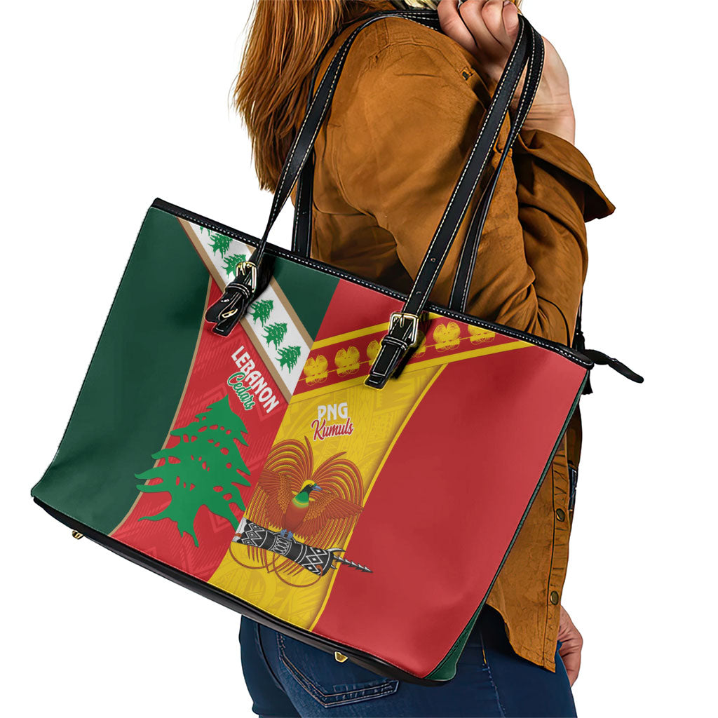 Rugby Papua New Guinea and Lebanon Leather Tote Bag PNG Kumuls Cedars Together LT14 - Polynesian Pride