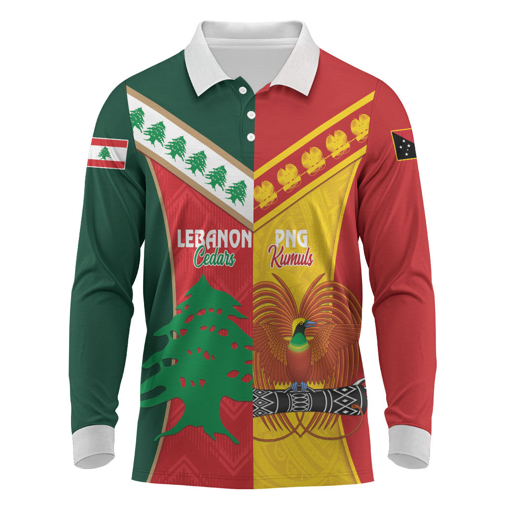 Custom Rugby Papua New Guinea and Lebanon Long Sleeve Polo Shirt PNG Kumuls Cedars Together LT14 Multicolor - Polynesian Pride