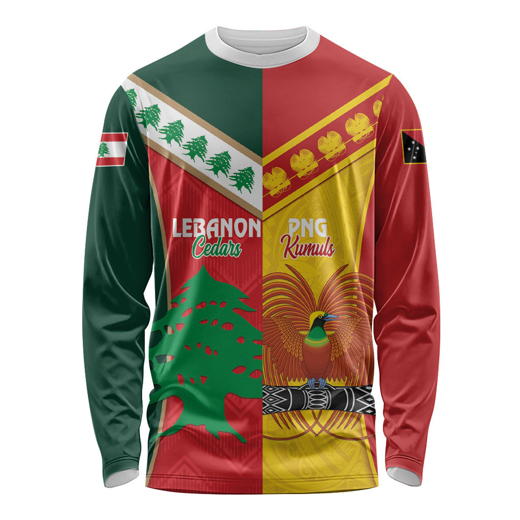 Custom Rugby Papua New Guinea and Lebanon Long Sleeve Shirt PNG Kumuls Cedars Together LT14 Unisex Multicolor - Polynesian Pride