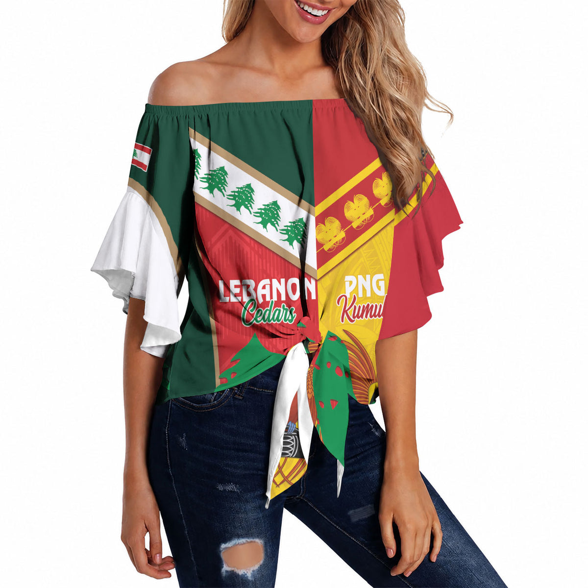 Custom Rugby Papua New Guinea and Lebanon Off Shoulder Wrap Waist Top PNG Kumuls Cedars Together LT14 Multicolor - Polynesian Pride