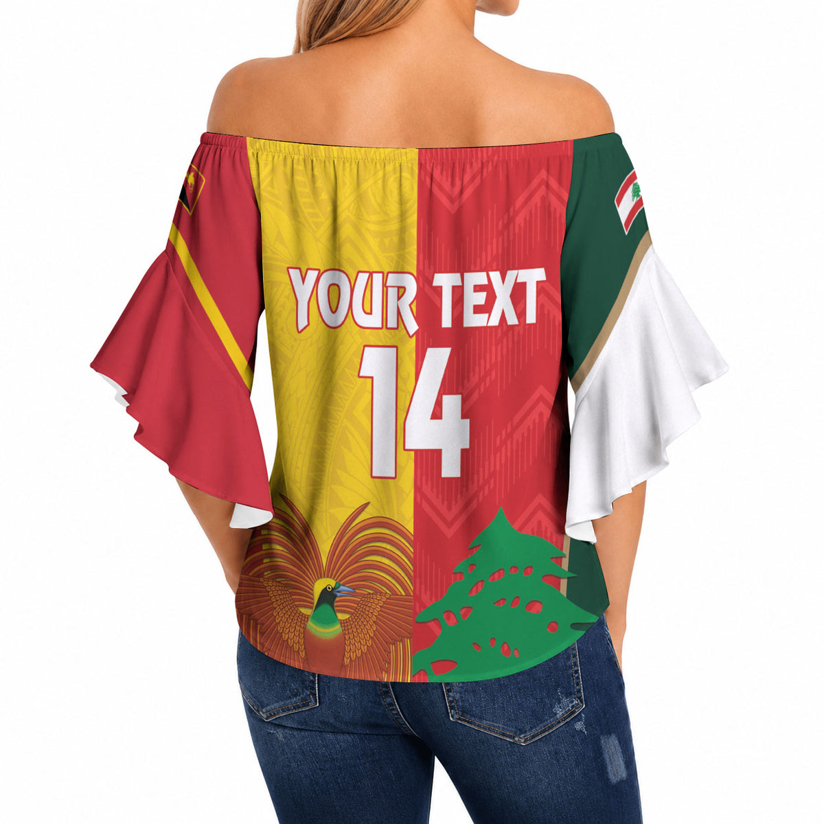 Custom Rugby Papua New Guinea and Lebanon Off Shoulder Wrap Waist Top PNG Kumuls Cedars Together LT14 - Polynesian Pride