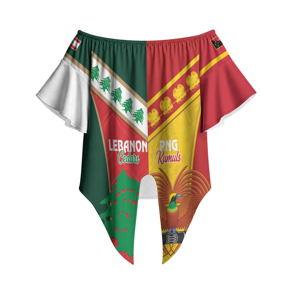 Custom Rugby Papua New Guinea and Lebanon Off Shoulder Wrap Waist Top PNG Kumuls Cedars Together LT14 - Polynesian Pride