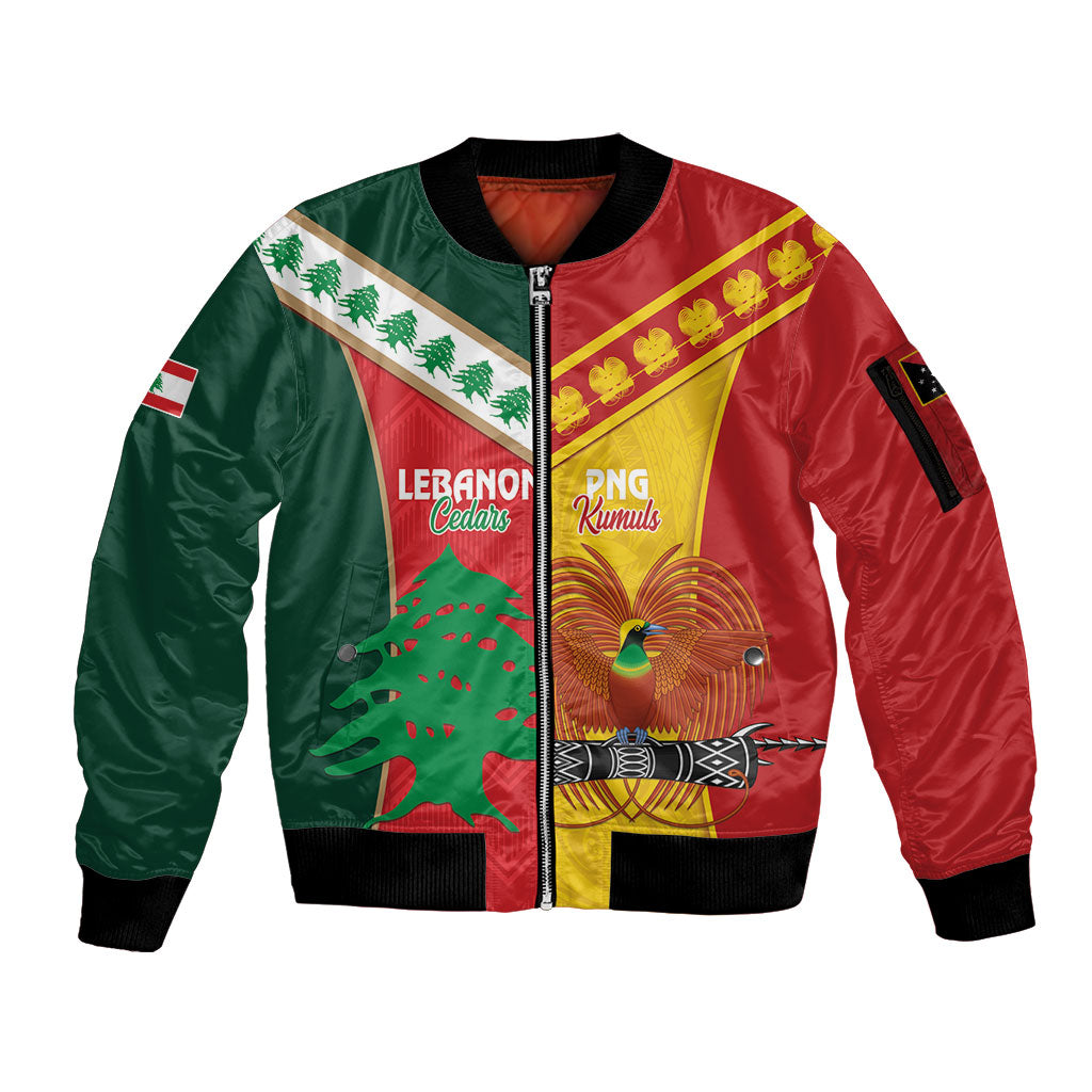 Custom Rugby Papua New Guinea and Lebanon Sleeve Zip Bomber Jacket PNG Kumuls Cedars Together LT14 Unisex Multicolor - Polynesian Pride