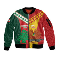 Custom Rugby Papua New Guinea and Lebanon Sleeve Zip Bomber Jacket PNG Kumuls Cedars Together LT14 Unisex Multicolor - Polynesian Pride