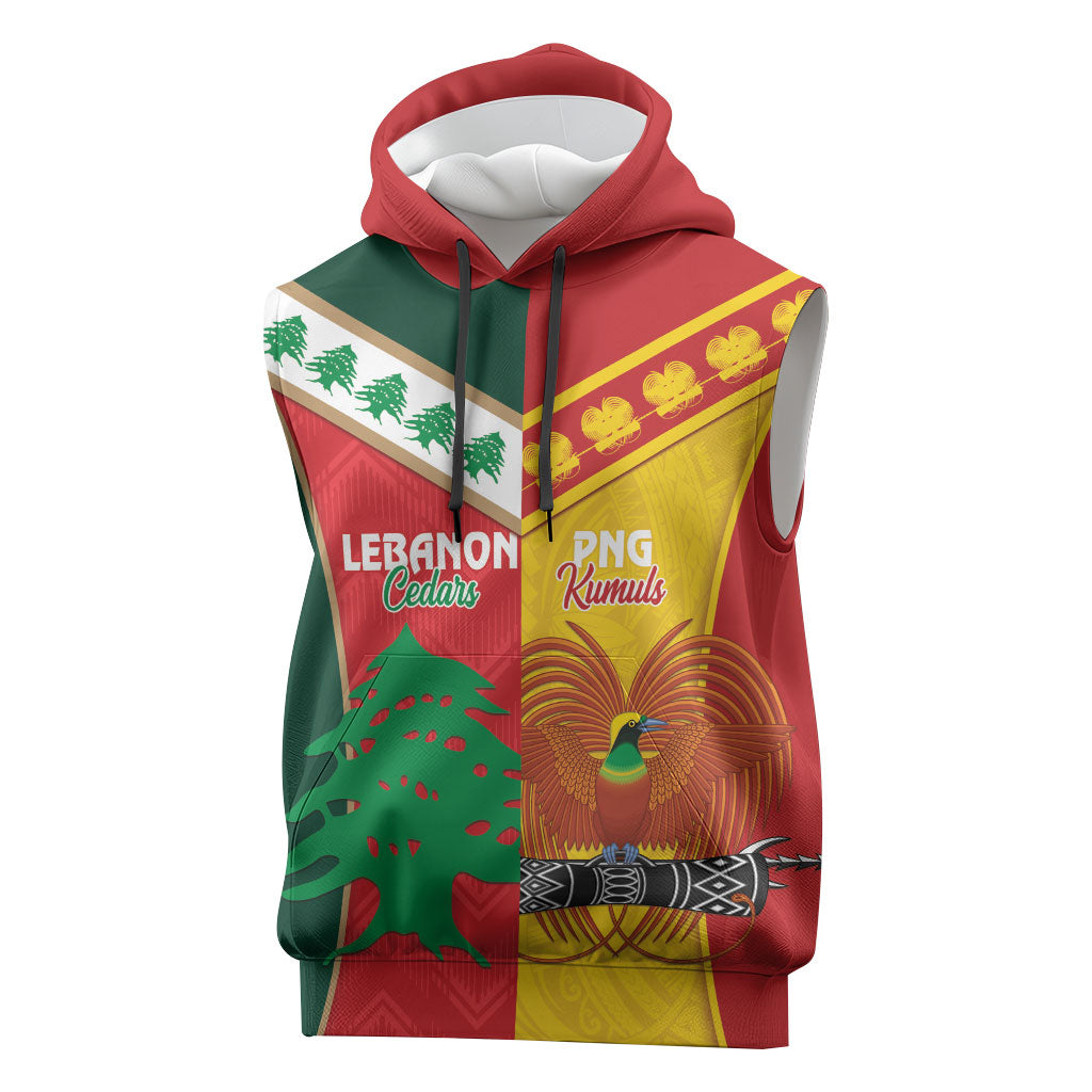 Custom Rugby Papua New Guinea and Lebanon Sleeveless Hoodie PNG Kumuls Cedars Together LT14 Multicolor - Polynesian Pride
