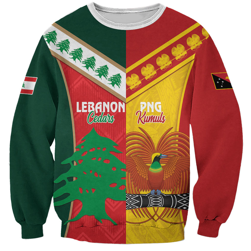 Custom Rugby Papua New Guinea and Lebanon Sweatshirt PNG Kumuls Cedars Together LT14 Unisex Multicolor - Polynesian Pride