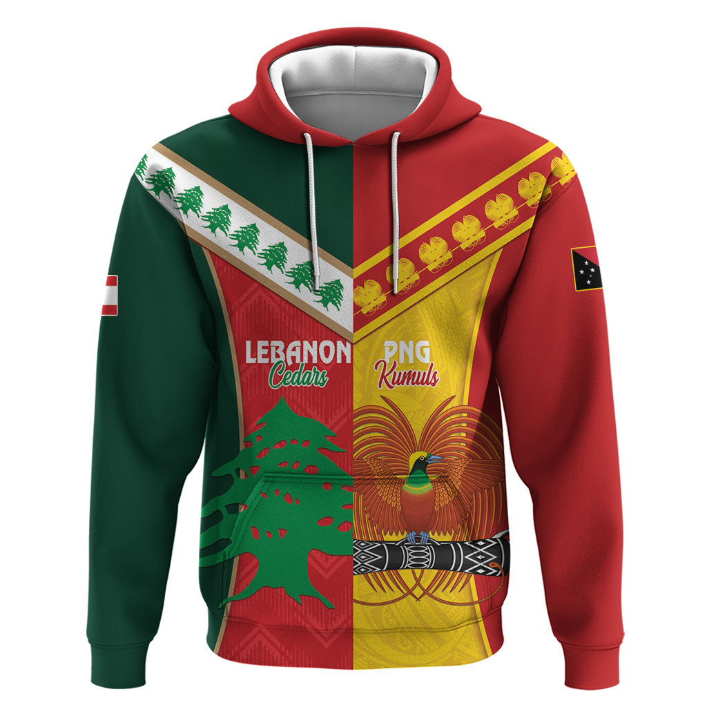 Custom Rugby Papua New Guinea and Lebanon Zip Hoodie PNG Kumuls Cedars Together LT14 Pullover Hoodie Multicolor - Polynesian Pride