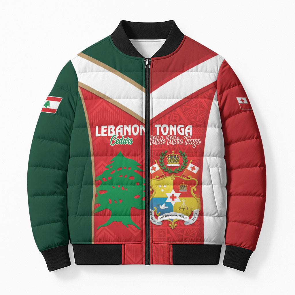 Custom Rugby Tonga and Lebanon Bomber Puffer Jacket Mate Maa Tonga Cedars Together LT14 Unisex Multicolor - Polynesian Pride