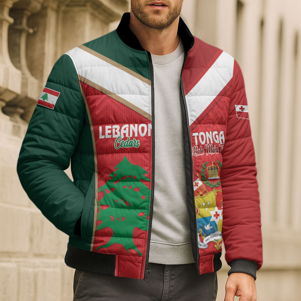 Custom Rugby Tonga and Lebanon Bomber Puffer Jacket Mate Maa Tonga Cedars Together LT14 - Polynesian Pride