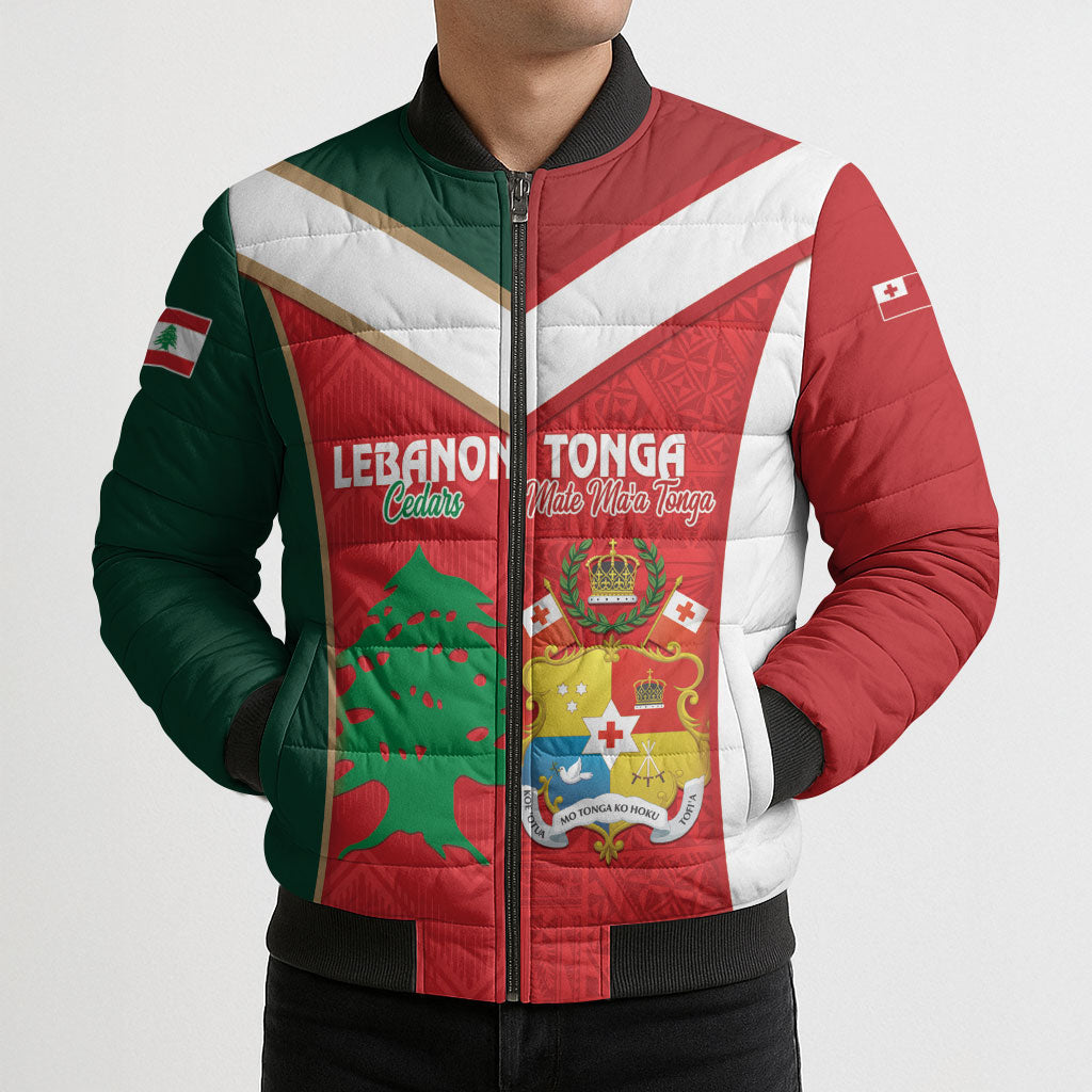 Custom Rugby Tonga and Lebanon Bomber Puffer Jacket Mate Maa Tonga Cedars Together LT14 - Polynesian Pride