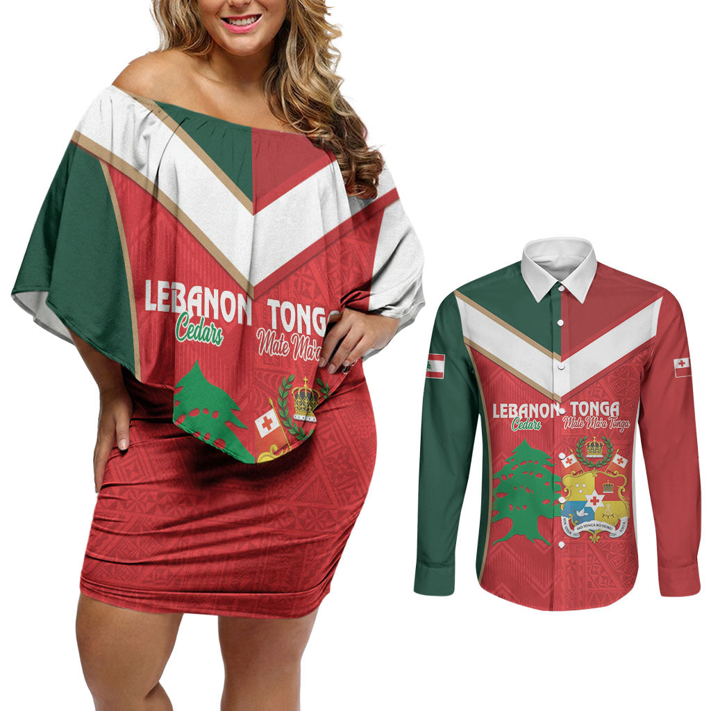 Custom Rugby Tonga and Lebanon Couples Matching Off Shoulder Short Dress and Long Sleeve Button Shirt Mate Maa Tonga Cedars Together LT14 Multicolor - Polynesian Pride