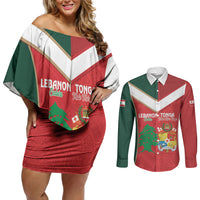 Custom Rugby Tonga and Lebanon Couples Matching Off Shoulder Short Dress and Long Sleeve Button Shirt Mate Maa Tonga Cedars Together LT14 Multicolor - Polynesian Pride