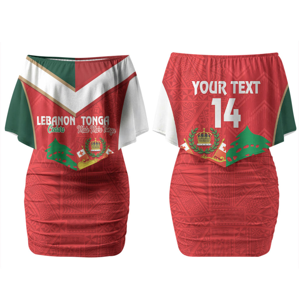 Custom Rugby Tonga and Lebanon Couples Matching Off Shoulder Short Dress and Long Sleeve Button Shirt Mate Maa Tonga Cedars Together LT14 - Polynesian Pride