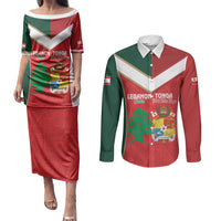 Custom Rugby Tonga and Lebanon Couples Matching Puletasi and Long Sleeve Button Shirt Mate Maa Tonga Cedars Together LT14 Multicolor - Polynesian Pride