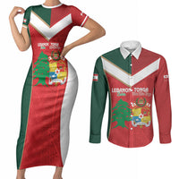 Custom Rugby Tonga and Lebanon Couples Matching Short Sleeve Bodycon Dress and Long Sleeve Button Shirt Mate Maa Tonga Cedars Together LT14 Multicolor - Polynesian Pride
