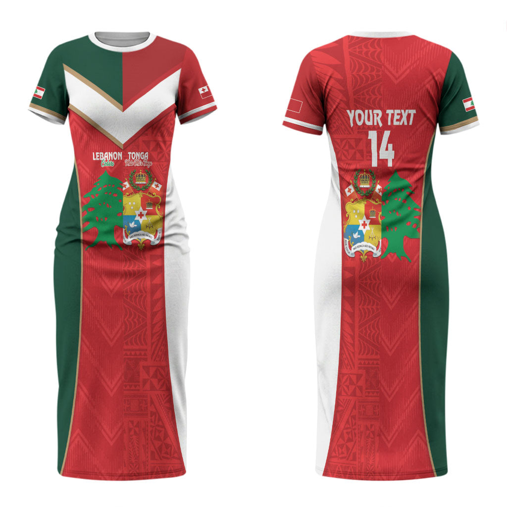 Custom Rugby Tonga and Lebanon Couples Matching Short Sleeve Bodycon Dress and Long Sleeve Button Shirt Mate Maa Tonga Cedars Together LT14 - Polynesian Pride