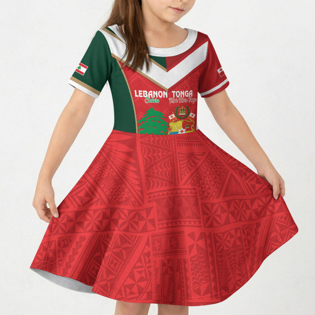 Custom Rugby Tonga and Lebanon Kid Short Sleeve Dress Mate Maa Tonga Cedars Together LT14 KID Multicolor - Polynesian Pride