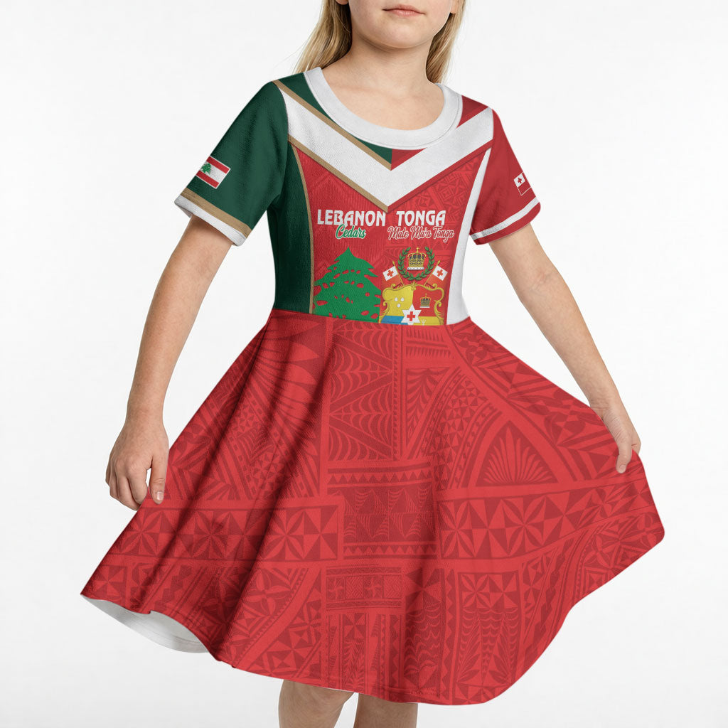 Custom Rugby Tonga and Lebanon Kid Short Sleeve Dress Mate Maa Tonga Cedars Together LT14 - Polynesian Pride