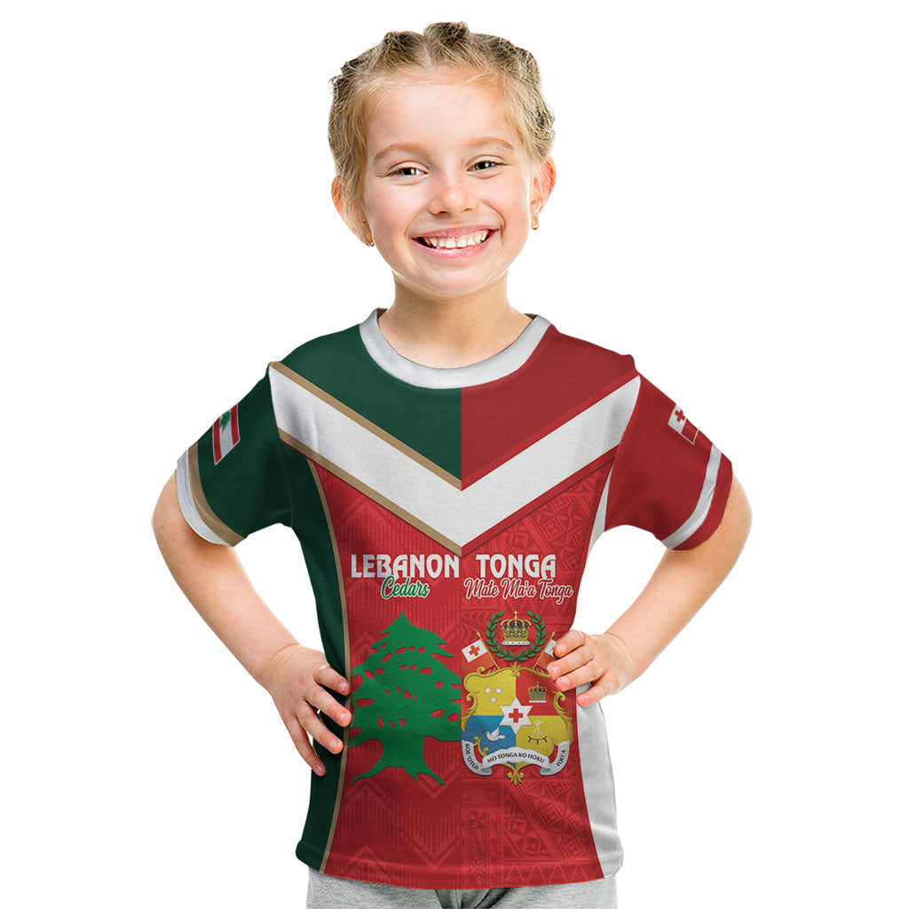 Custom Rugby Tonga and Lebanon Kid T Shirt Mate Maa Tonga Cedars Together